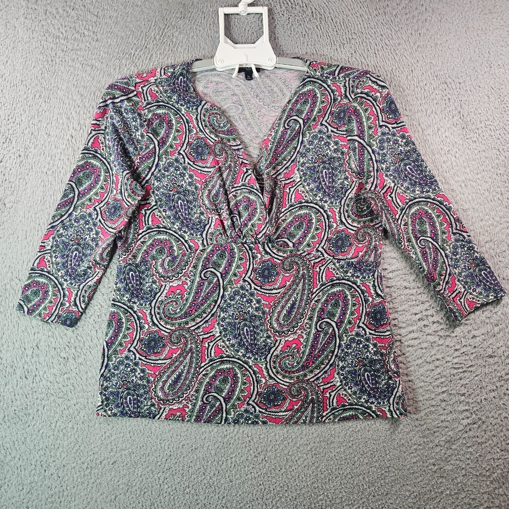 Talbots Top Women Small Petite Sp Paisley Print Green Pink Tone